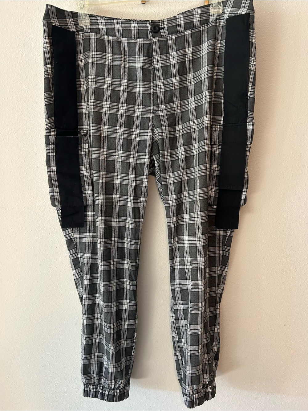 Men's Gray Plaid Pants with Black Side Panels
